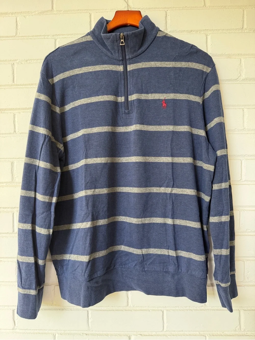 Polo by Ralph Lauren Navy and Light Gray Striped Quarter-Zip Sweater